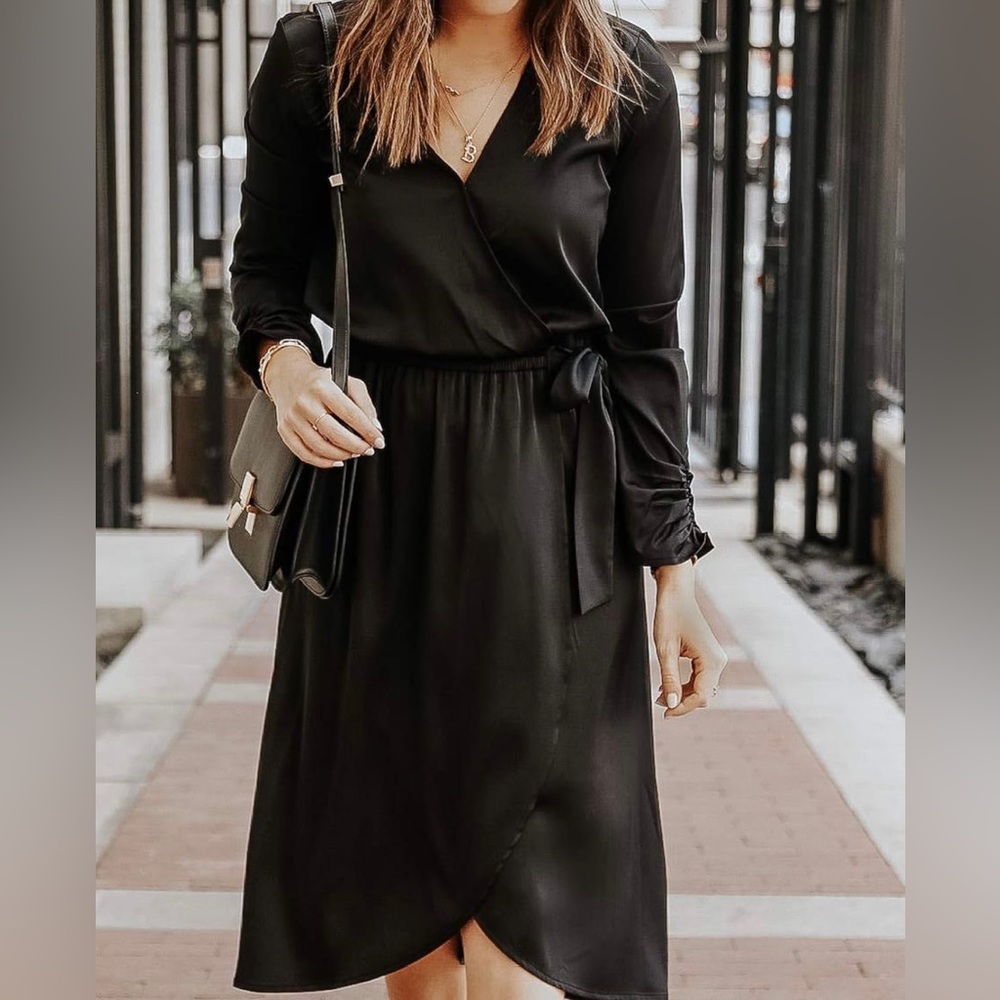 Somewhere Lately Black Stretch-Satin Faux Wrap Midi Dress